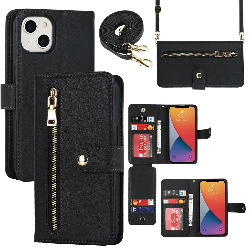 For iPhone 13 Mini Stand Case PU Leather Phone Cover with Straps/Zipper Wallet/Multiple Card Slots