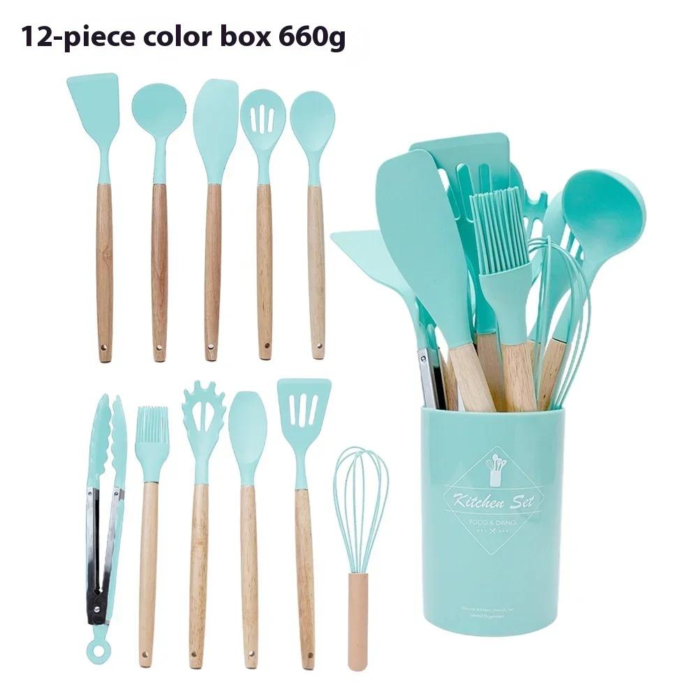 12Pcs Kitchen Cooking Utensils Set Wooden Handle Cooking Tool Non-stick Cookware Spatula Shovel Egg Silicone Kitchenware Beaters