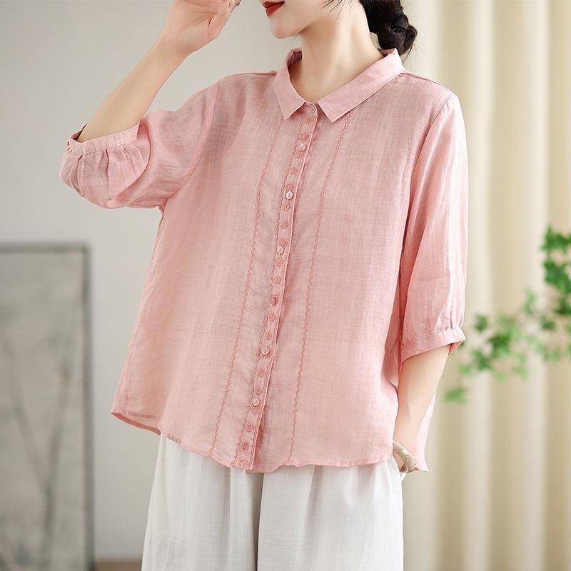 2025 Summer New Cotton and Linen Embroidered Shirt Women's Loose and Thin Lapel Five-quarter Sleeve Versatile Temperament Cardigan Top