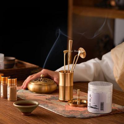Set d'Encens en Laiton / Modèle Sceau Lotus Cuillère à Encens Balayette Sable Bois de Santal Agilawood Poudre Encensoir Étude Salon de Thé Outils d'Encens