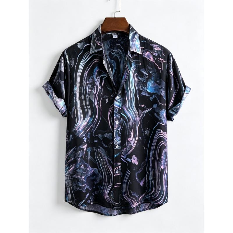 Men's Ink Marble Pattern Short Sleeve Shirt with Water Flow Texture Full Print Collar Button Beach Vacation Shirt