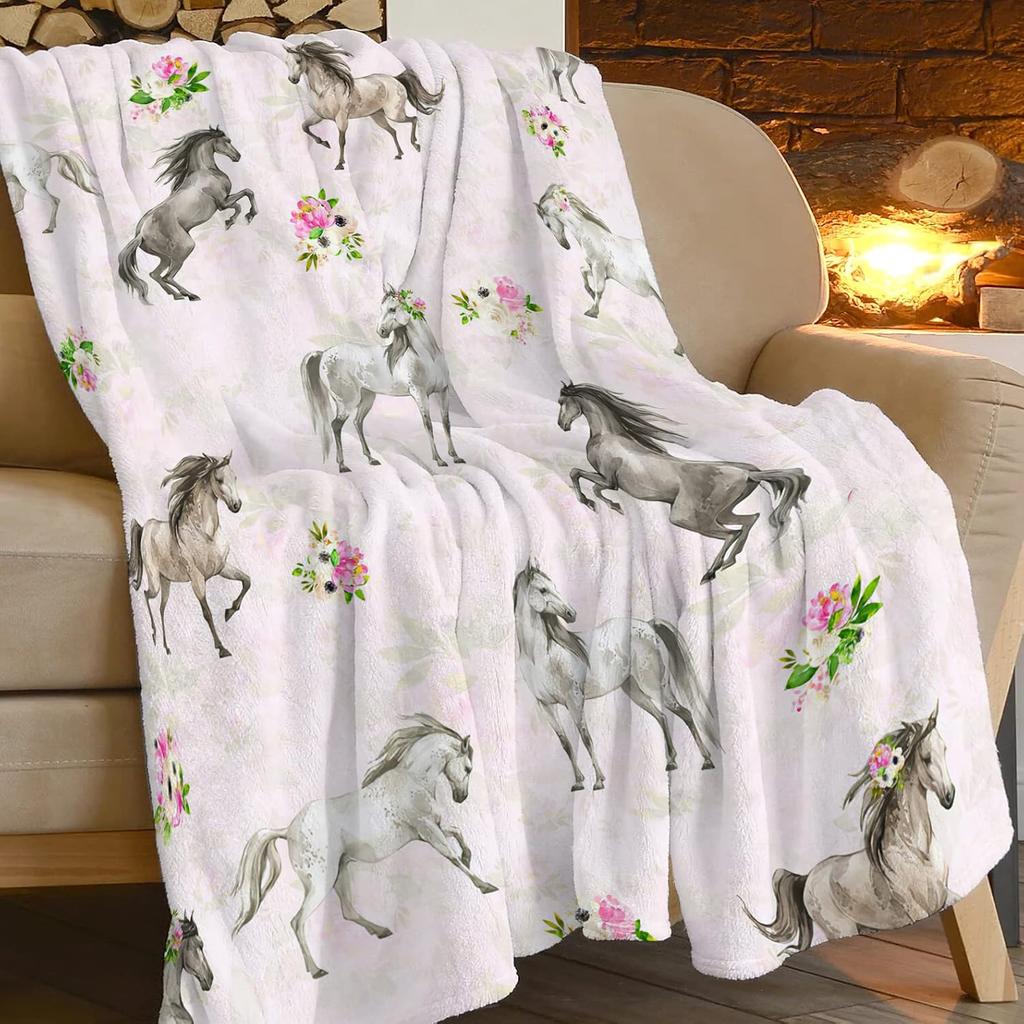 Couvertures de Cheval Cadeaux pour Filles Femmes Chevaux Western Fleurs Animal Polaire Flanelle Couvertures Jetées Doux Léger Cheval Peluche Stu