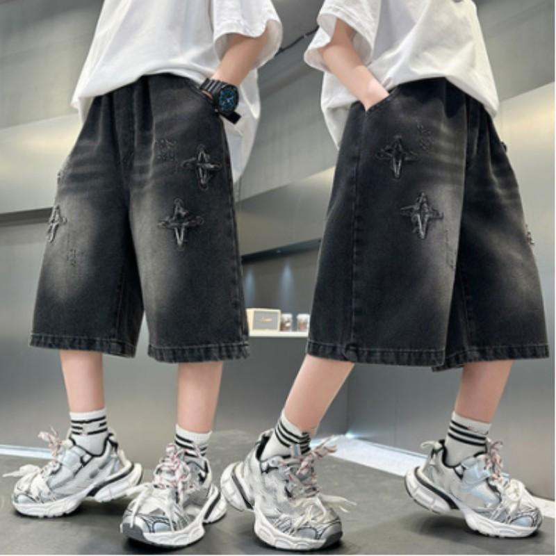 Boys  Lightweight Summer Denim Shorts: Large  Extra-Large Sizes with Star Embroidery, Casual 5-Inch Shorts 120
