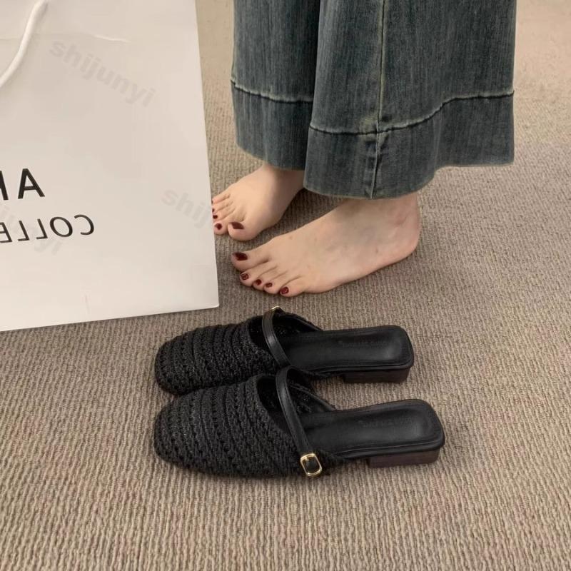 Fashion 2025 Summer Thick Heel Fashion Hollow Women's Toe Half Slippers Comfortable Outdoor Beach Casual Woven Fesign Wedge Heel Sandals
