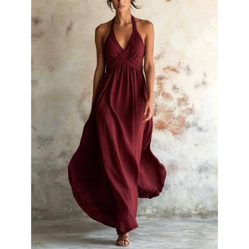 Europäisches und amerikanisches Sommer-Neumode-Kleid mit Halsausschnitt, ärmellos, schwingend, einfarbig
