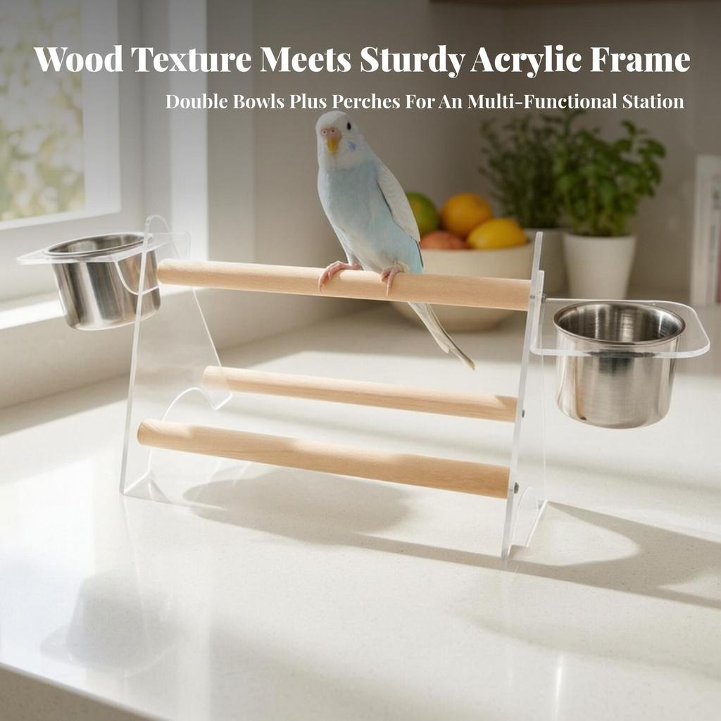 Parrot Play Stand with Cups Wooden Tabletop Bird Perch Compact for Counter