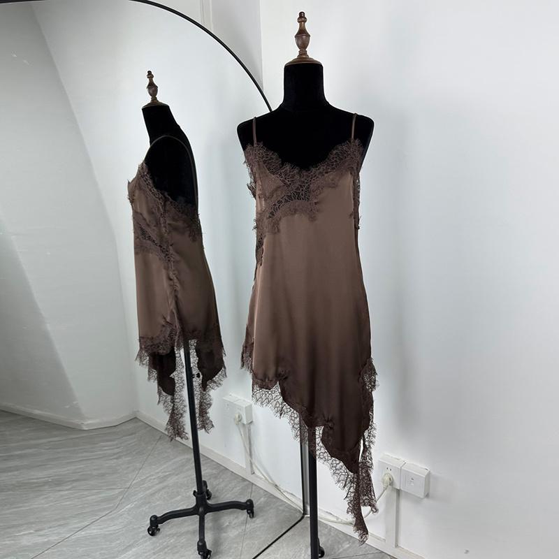 Sexy Onregelmatige Satin Kant Jurk Dames Mode V-hals Zoom Bandjes Mini Jurken Nieuwe Mode Feest Jurken Camisole Jurk L