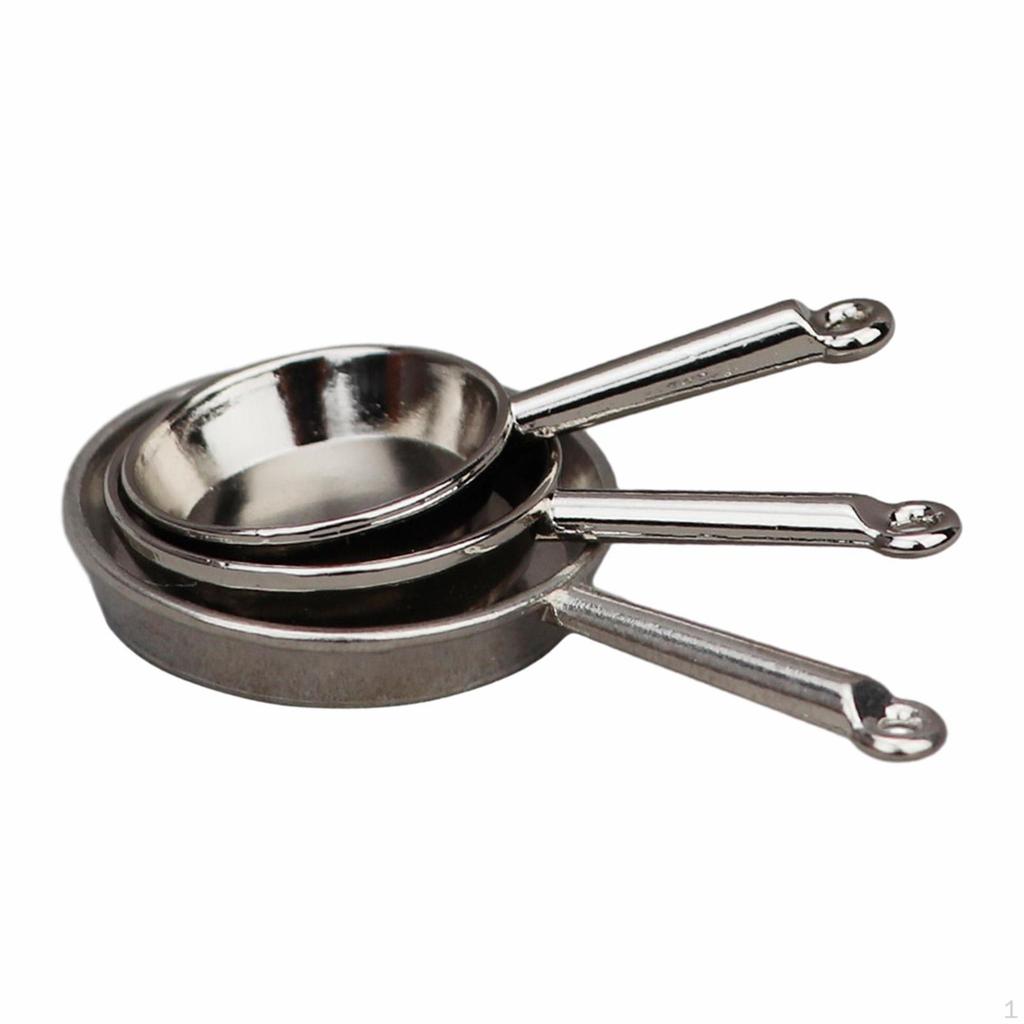 3 Pieces Dollhouse Cookware Set Miniature Metal Frying Pans 1/12 Scale for Kitchen