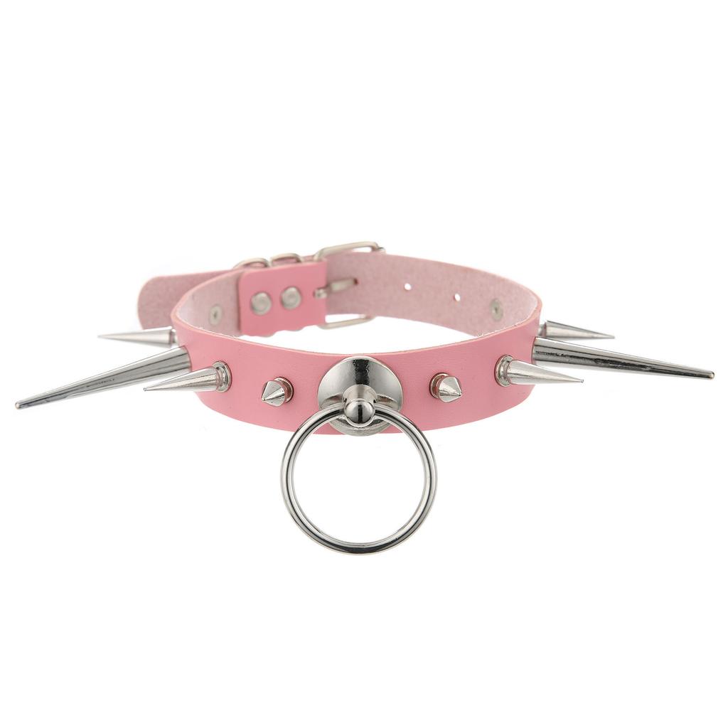 Punk Long Spike Choker Faux Leather Collar For Women Men Cool Big Rivets Studded Chocker Goth Circle Pendant Necklace Accessorie