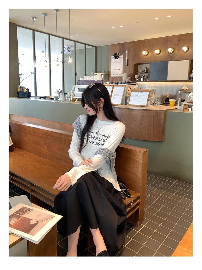 Women's European Style Long Sleeve Loose-Fit Letter Print T-Shirt, American Retro Slim Base Layer