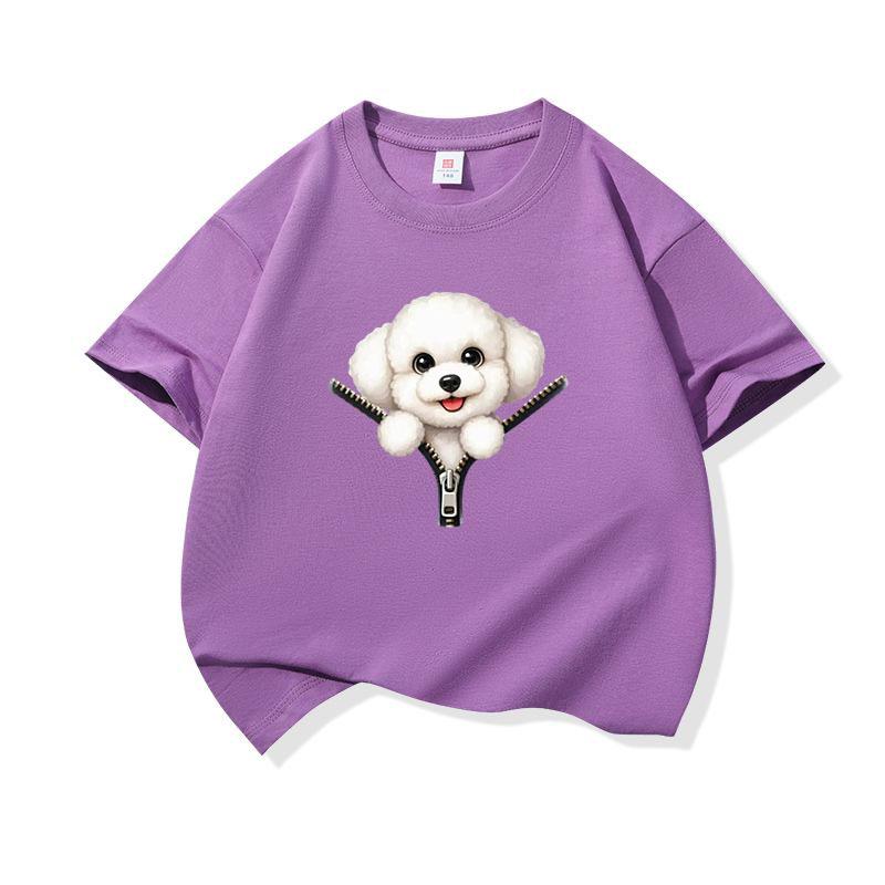 Kids Cotton T Shirt Cute Bichon Frise Puppy Dog Zipper Print Crew Neck Short Sleeve Tee Casual Boys Girls Summer Tops