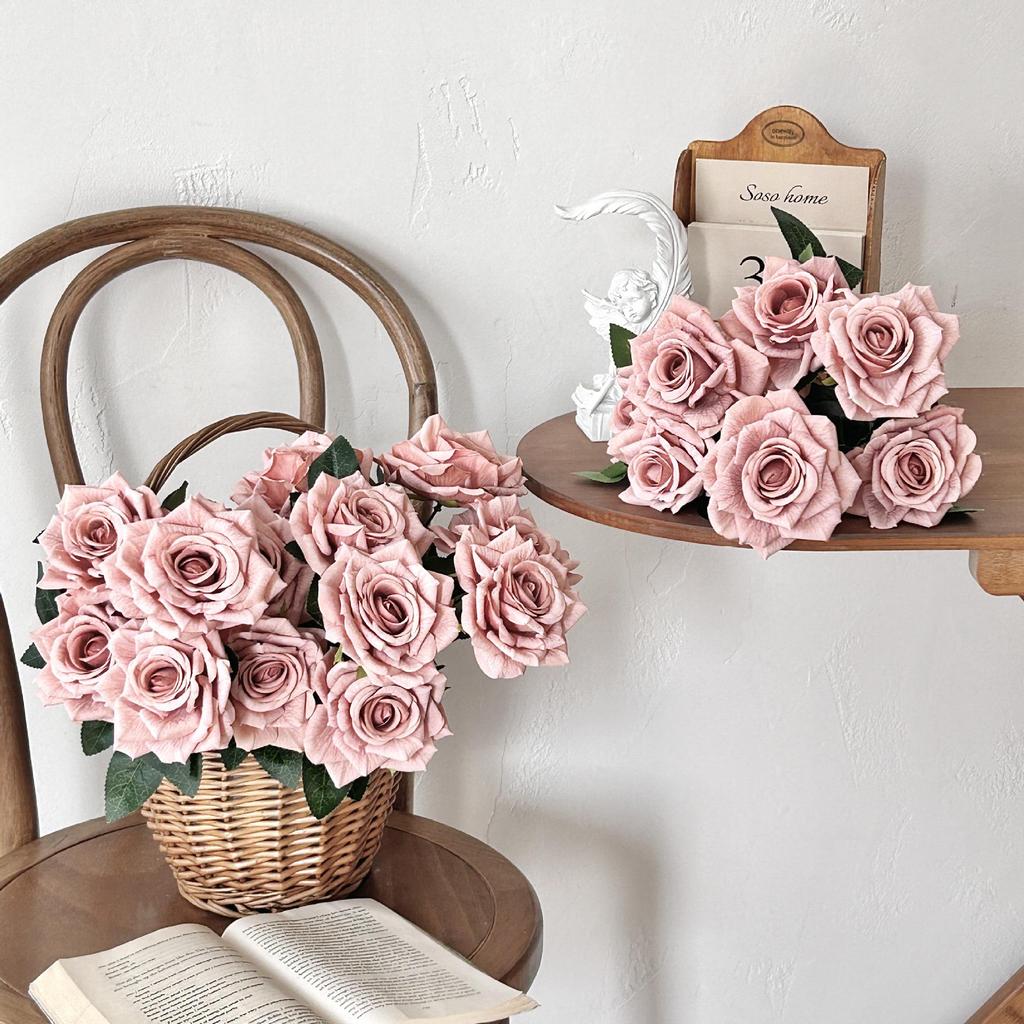 7-Head Ruffled Cappuccino Rose Bouquet - Vintage Artificial Flowers for Home or Wedding Decor
