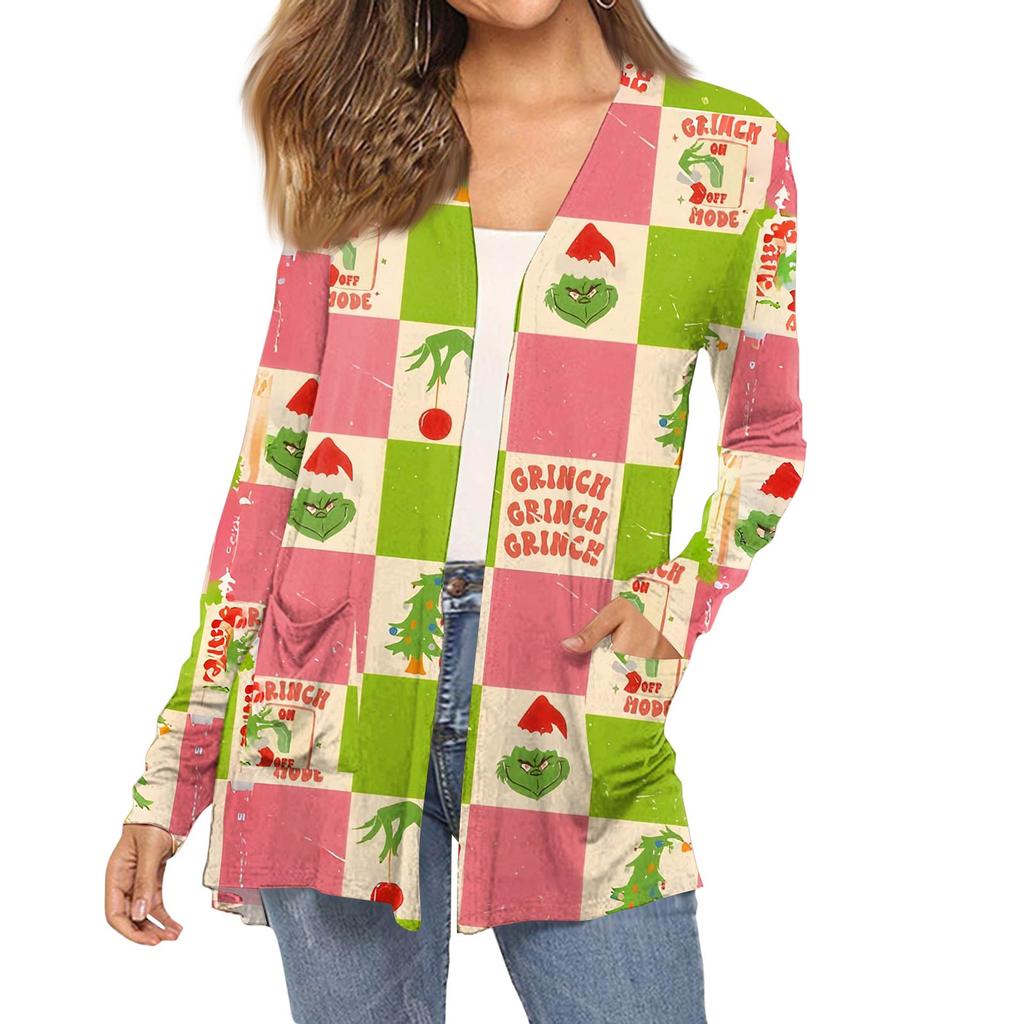 Dámský módní vánoční potisk dlouhý rukáv kapsy slim fit kardigan kabát