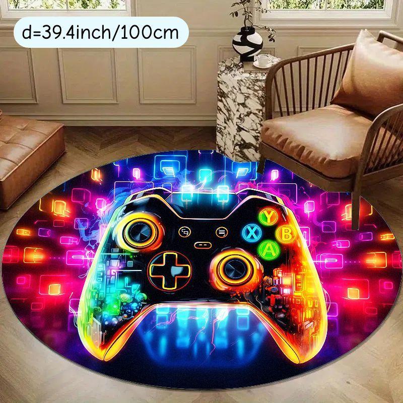 Neon Game Controller Round Rug Gamer Room Decor LED Glow Effect Floor Mat Living Room Gaming Zone Cool Tech Design