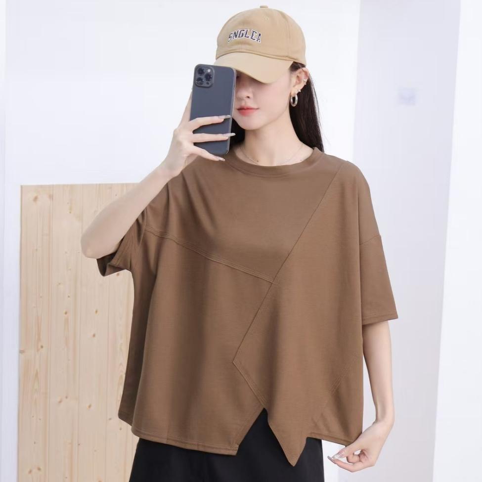 Dimanaf 2025 Sommer Übergröße T-Shirt Einfarbig Damen Kurzarm Lange Knöpfe Locker Oberteile Tees