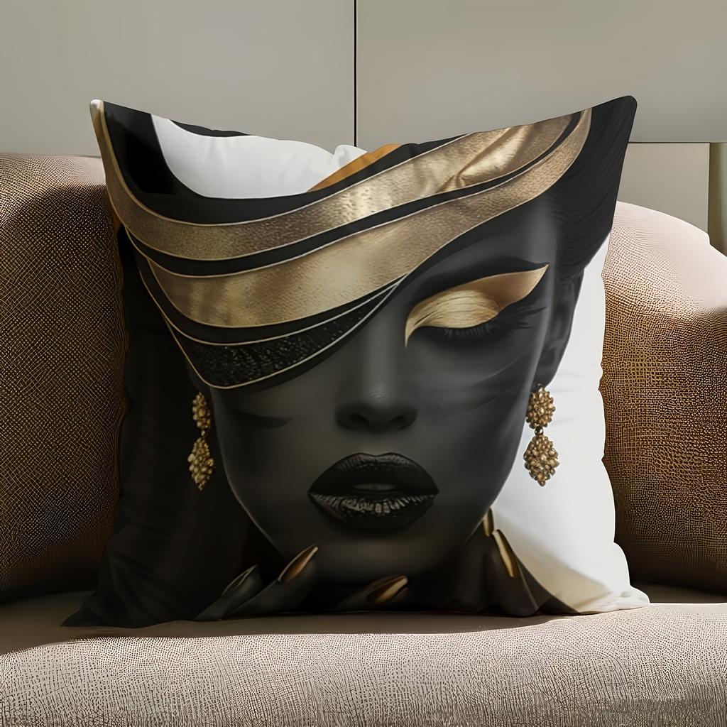 Black and Gold African Woman Throw Pillow Cover Modern Abstract Art Print Decorative Cushion Cover for Glam  Home Decor