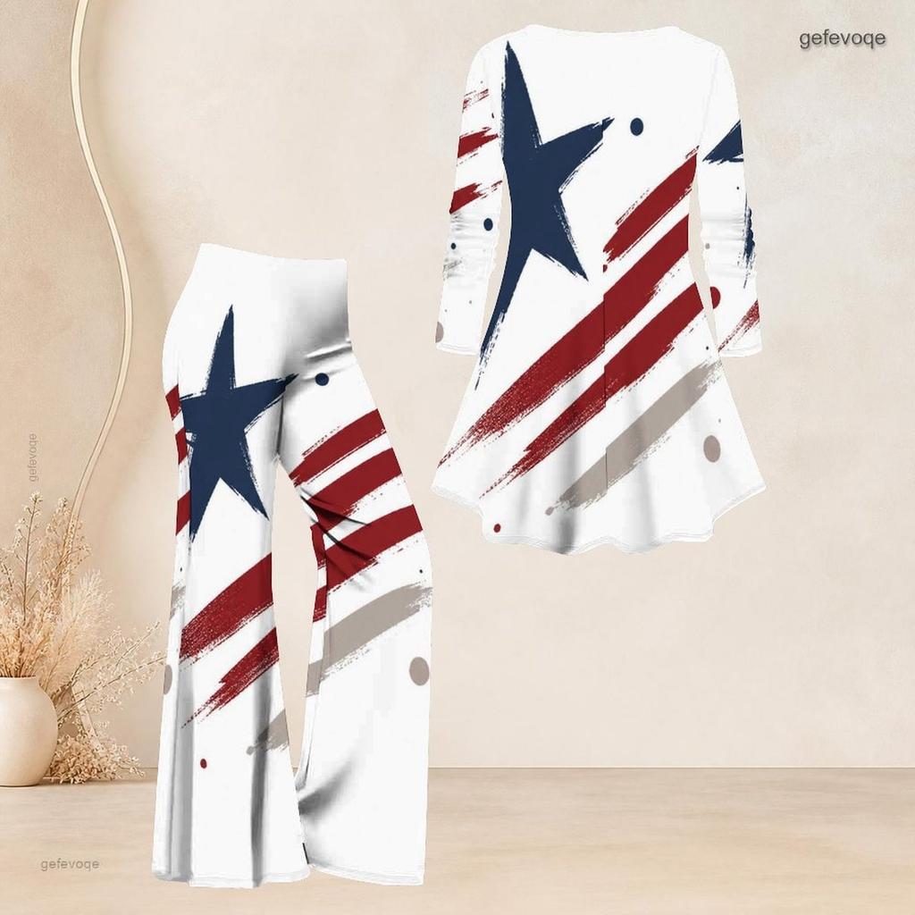Women Plus Size Round Neck Three Quarter Sleeve Eagle Printed Flared Top Flared Pants Two Piece Set