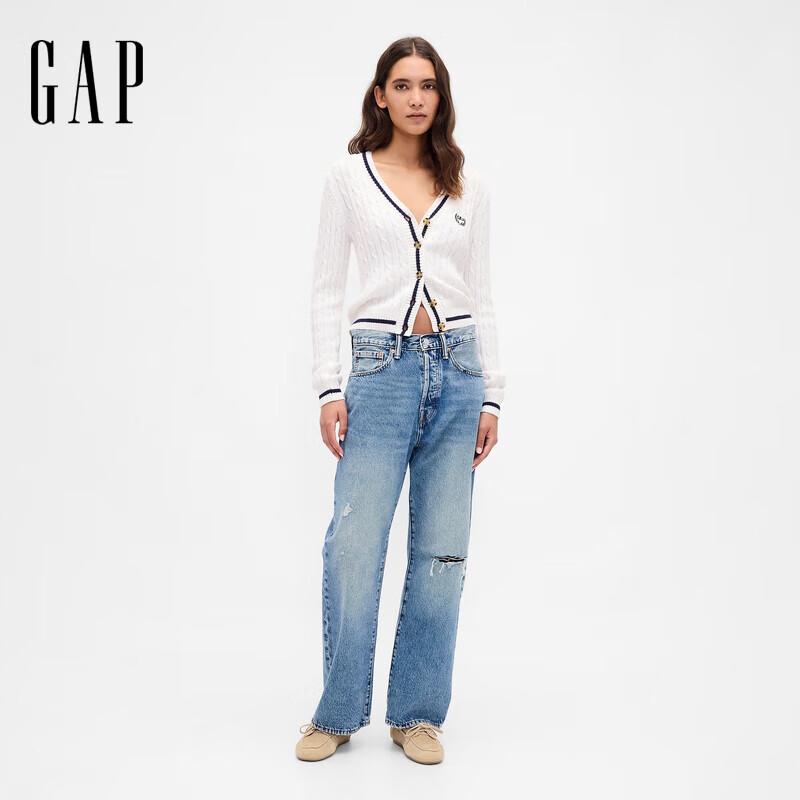Gap Women's 2025 Autumn Embroidered Logo Cotton V-Neck Cable Knit Cardigan