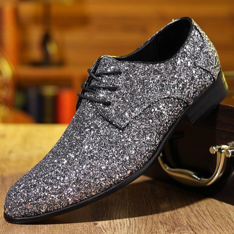 Pantofi de lux pentru bărbați, pantofi de nuntă cu paiete aurii și argintii, pantofi Oxford cu șireturi de înaltă calitate, pantofi plați de designer de modă pentru bărbați, mărime mare