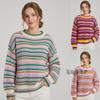 Damen Gestrickter Pullover mit Streifen Rundhals Langarm Bunter Häkel-Pullover Top