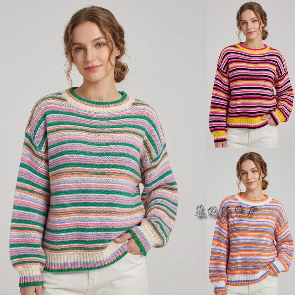 Damen Gestrickter Pullover mit Streifen Rundhals Langarm Bunter Häkel-Pullover Top