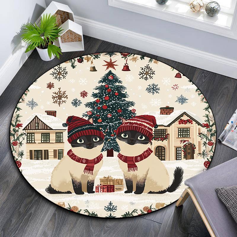 Christmas Cat Pattern Round rug,Carpet Rug for Living Room Bedroom Playroom ,Non-slip Floor Mat,Holiday Gifts and Birthday Gifts.