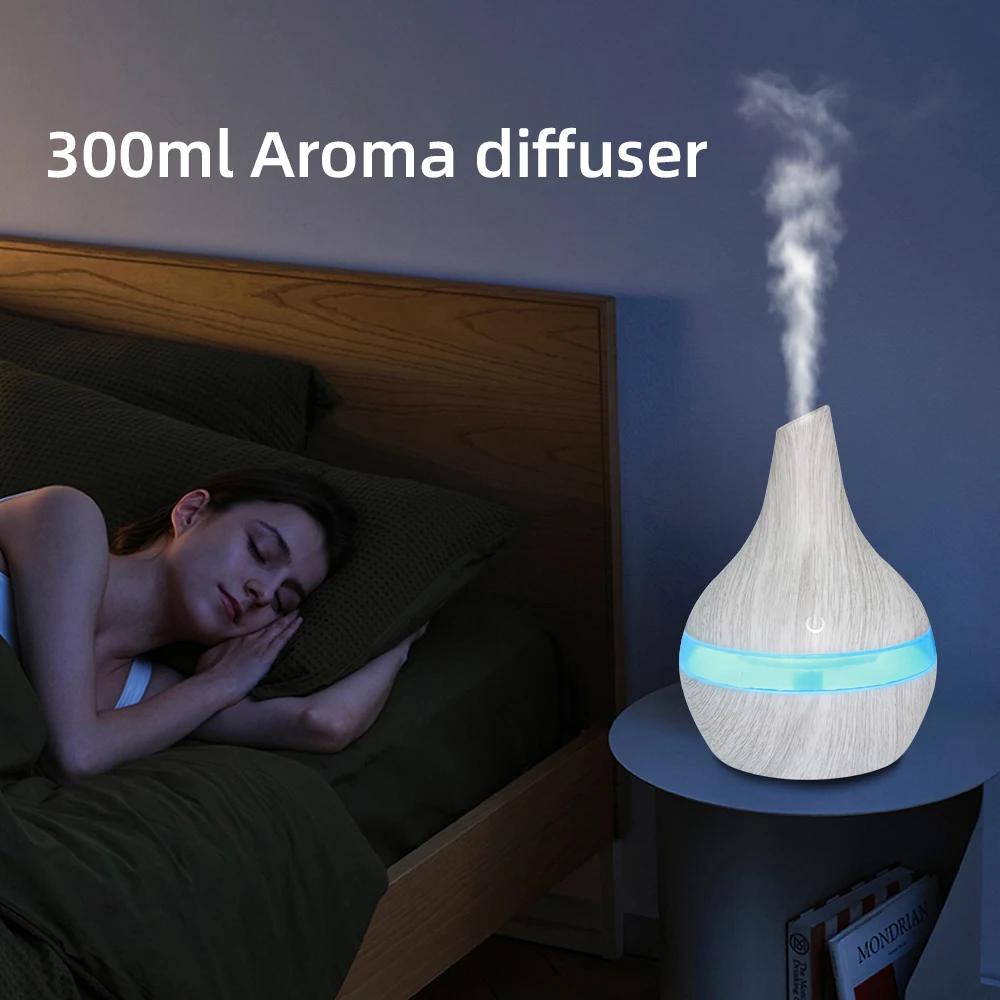 Wood Grain Aromatherapy Diffuser 300ml USB Humidifier with Essential Oils, Quiet Operation