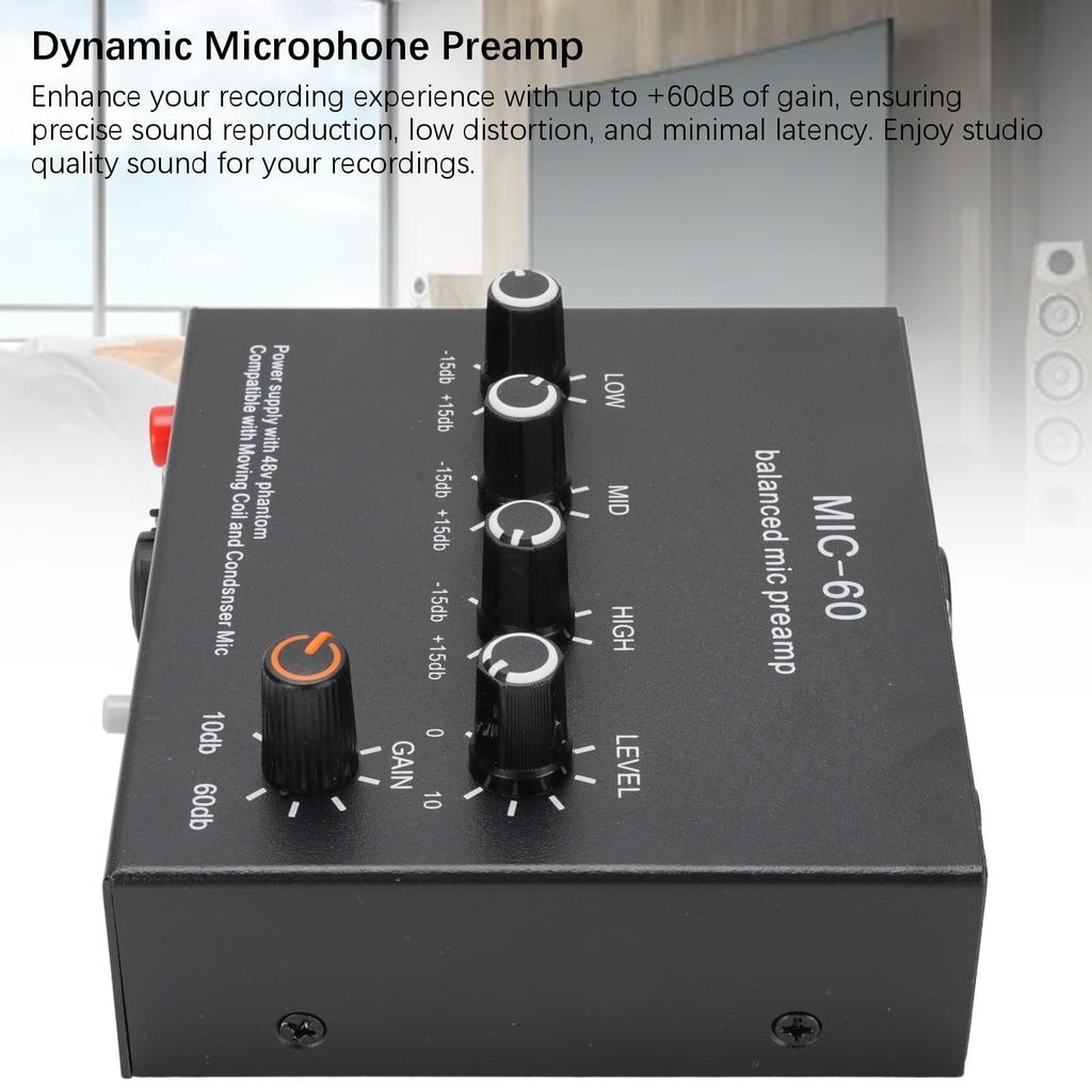 Microphone Home Audio Power Amplifier with 3 60dB Gain and 48V Phantom Small Stereo Audio Preamp for Dynamic and Condenser Microphones Sound