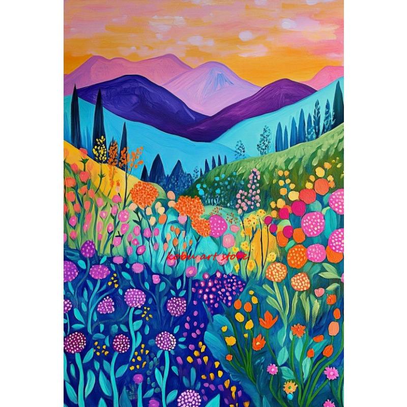 Colorful Abstract Landscape Mountain Floral Scenery Posters Prints Canvas Painting Wall Art Pictures for Living Room Home Decor