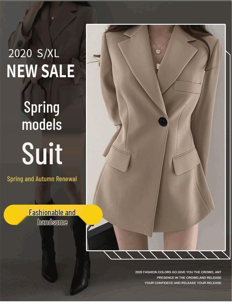 Women's Khaki Slim-Waist Suit Jacket - Korean & Hong Kong Style, Retro, Medium-Long for Spring & Autumn