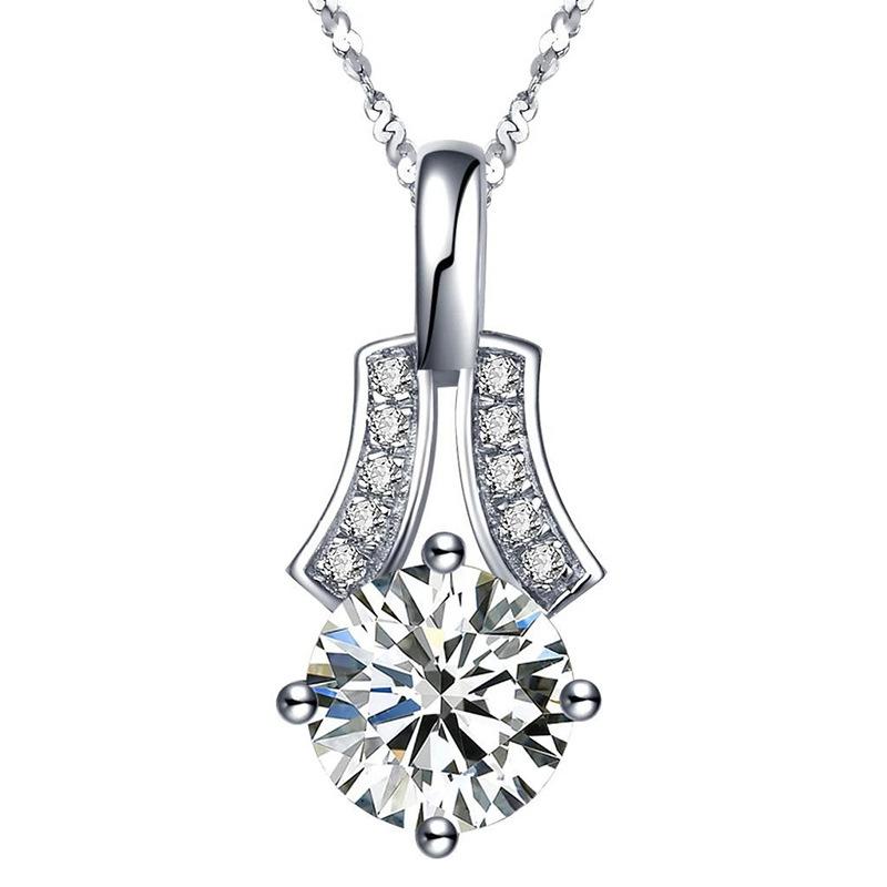 Four Prong Big Round Center Stone Curved Paved Side Bail Pendant Women Cable Chain Clavicle Necklace