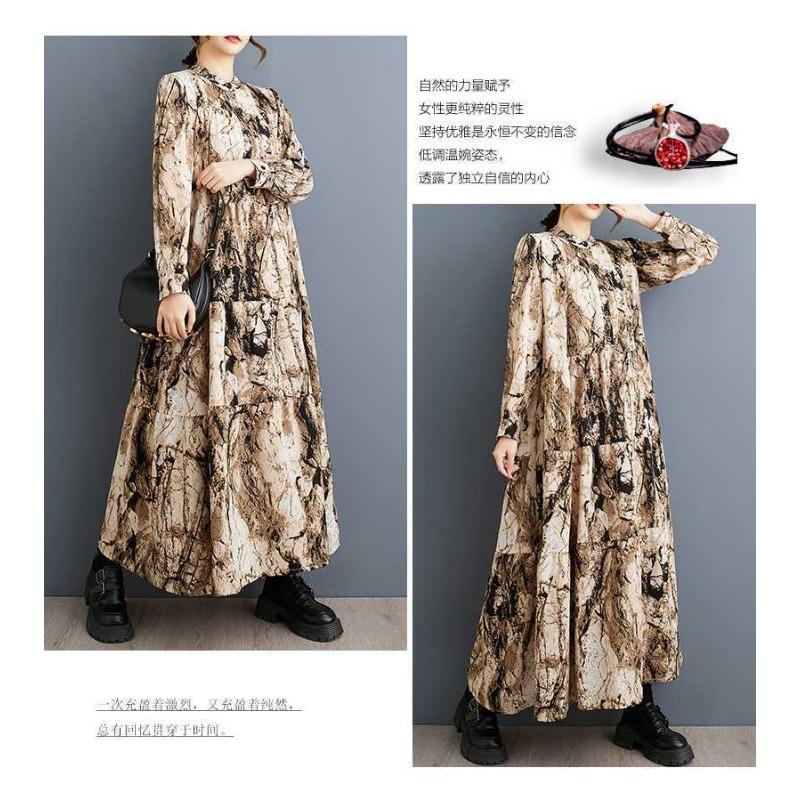 2025 Round Neck Long Sleeve Loose Skirt Women's Big Size Middle Aged Mom Dress
