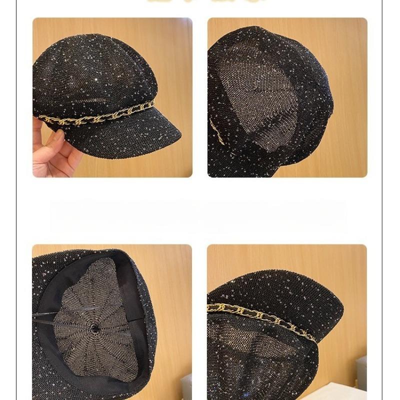 Korean Fashion Sequins Octagonal Hat Women Summer Hollow Breathable New Peaked Cap Face Slimming Visor Hat