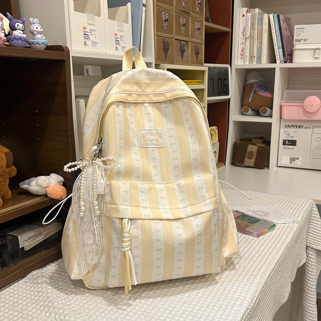 Schoolbag new sweet and cute backpack girls lightweight junior high school student schoolbag striped bow high value backpack