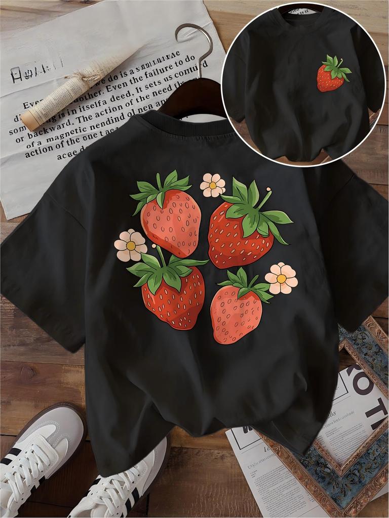 Cute Strawberry T Shirt Funny Fruit Flower Graphic Double Sided Print Unisex Harajuku Aesthetic Loose Short Sleeve Summer Tops