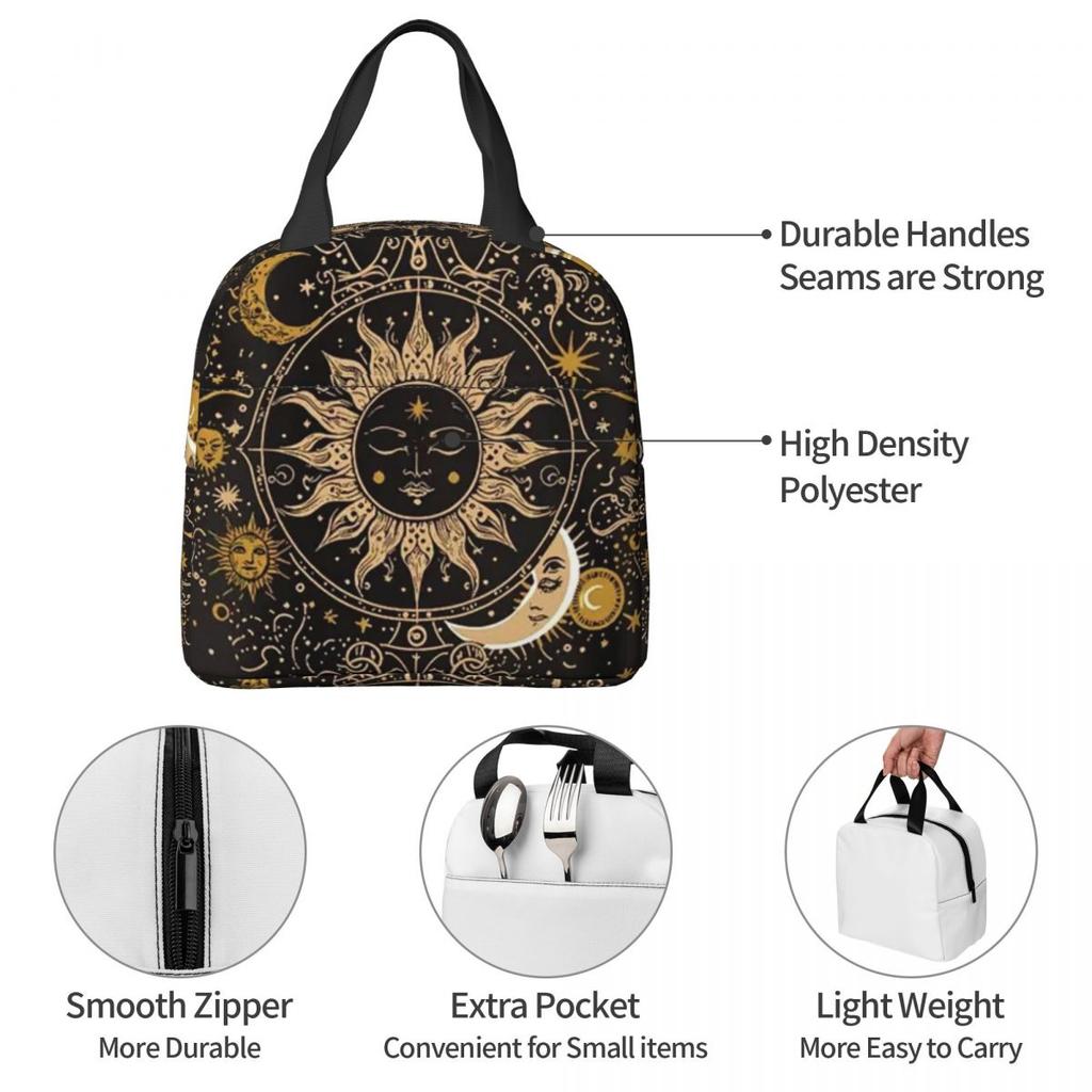 Boho Golden Crescent Moon And Sun Witch Insulated Lunch Bag for Women Children Portable Food Boxes Thermal Lunch Box Tote