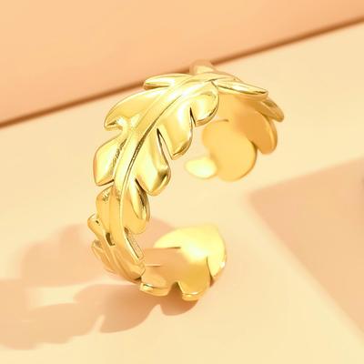 Elegant Gold-Plated Leaf Design Stainless Steel Women's Open Ring