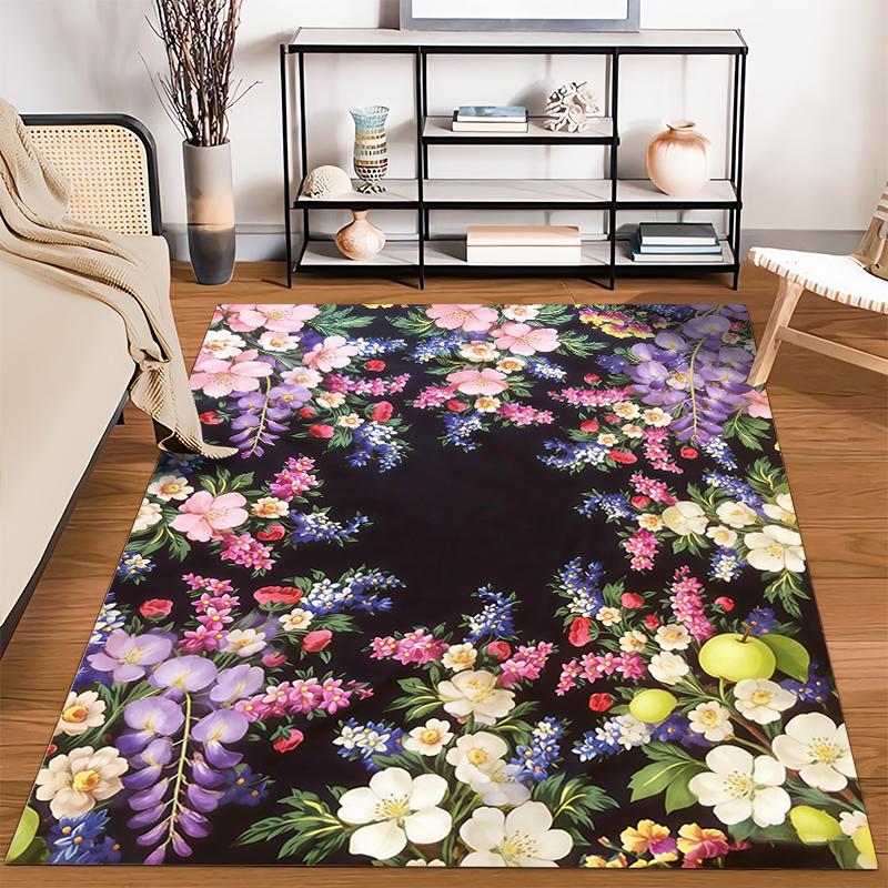 Floral Carpet with Colorful Blossoms and Black Background, Living Room Decor Suitable for Use As an Anti-slip for Living Room Bedroom Sofas