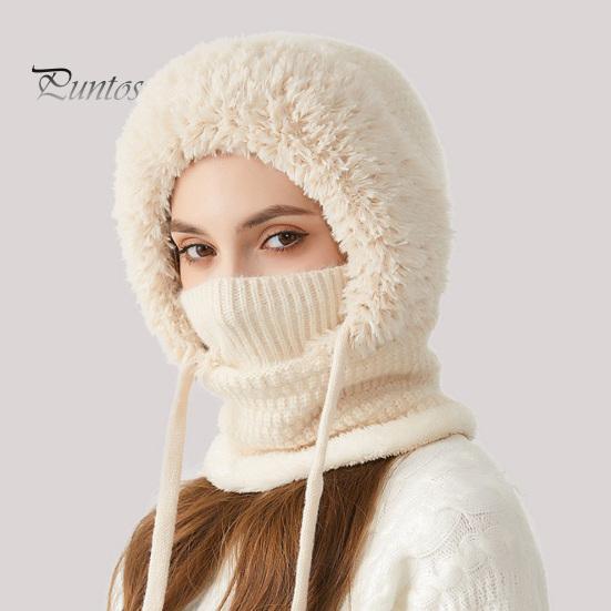 Women Winter Hat with Integrated Scarf Cold-proof Front Cover Thick Knitted Warm Solid Color Full Protection Outdoor Cycling Travel Cold Weather Cap