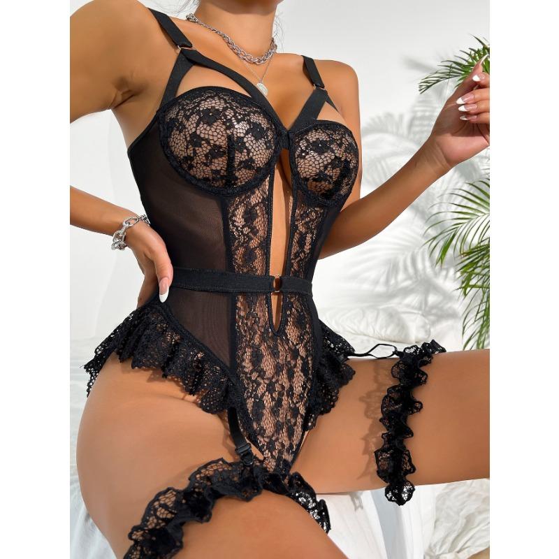 New Sexy Lace Hollow Perspective Suspender One-piece Erotic Underwear Onesie with Leg Rings