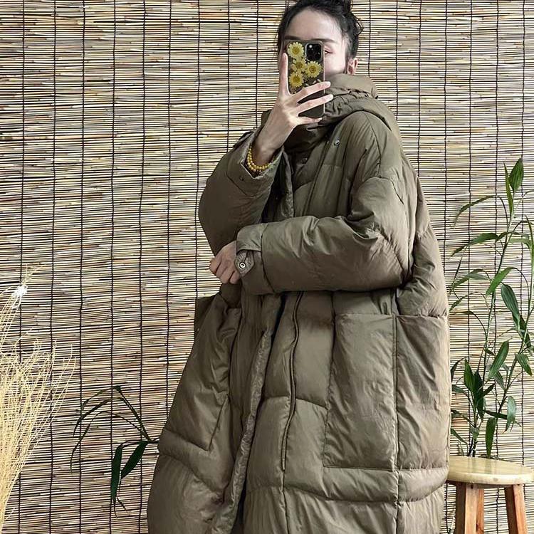 Women Down Long Jacket Hood Loose Over Size Coat Autumn Winter Warm Outwear Korean Style Big Pockets