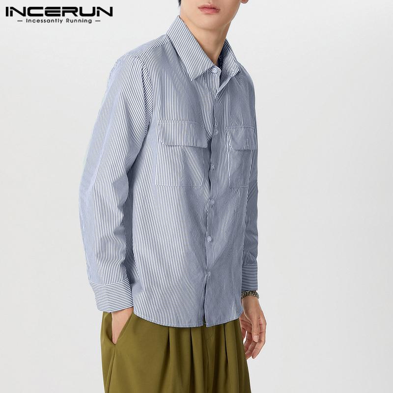 

INCERUN Men Long Sleeve Button Down Striped Tops Office Shirts синий