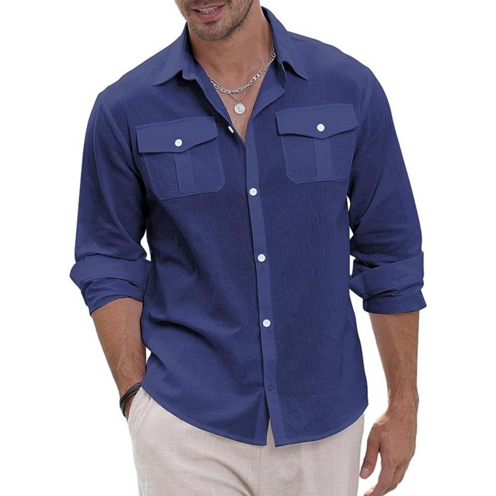 Maglietta polo da uomo a maniche lunghe per primavera ed estate, design a doppia tasca, alla moda, casual, slim, traspirante, tinta unita, camicia da uomo a maniche lunghe