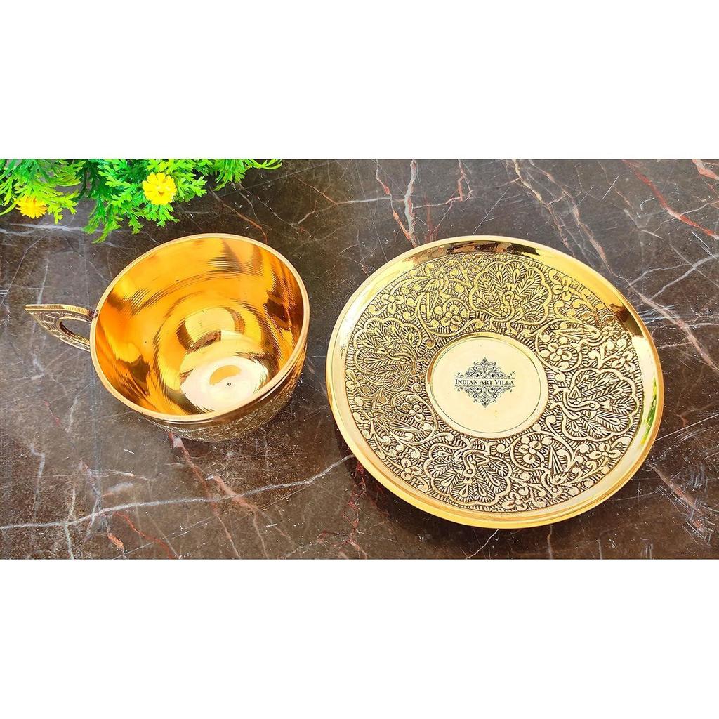 Tasse et soucoupe en laiton pur avec motif en relief, pour servir le thé, le café, vaisselle