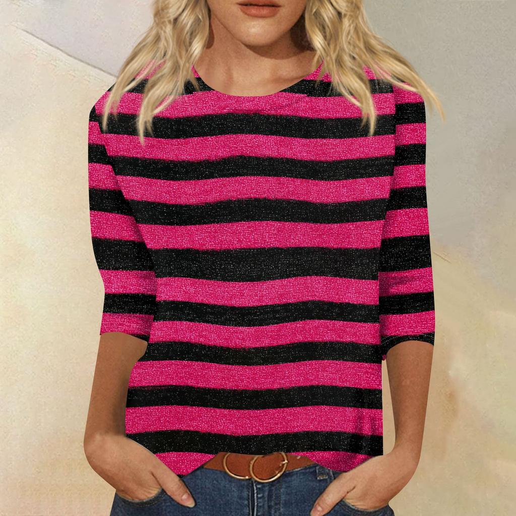 Modisches, lässiges Damen-T-Shirt mit Rundhalsausschnitt, Dreiviertelärmeln und Streifenmuster