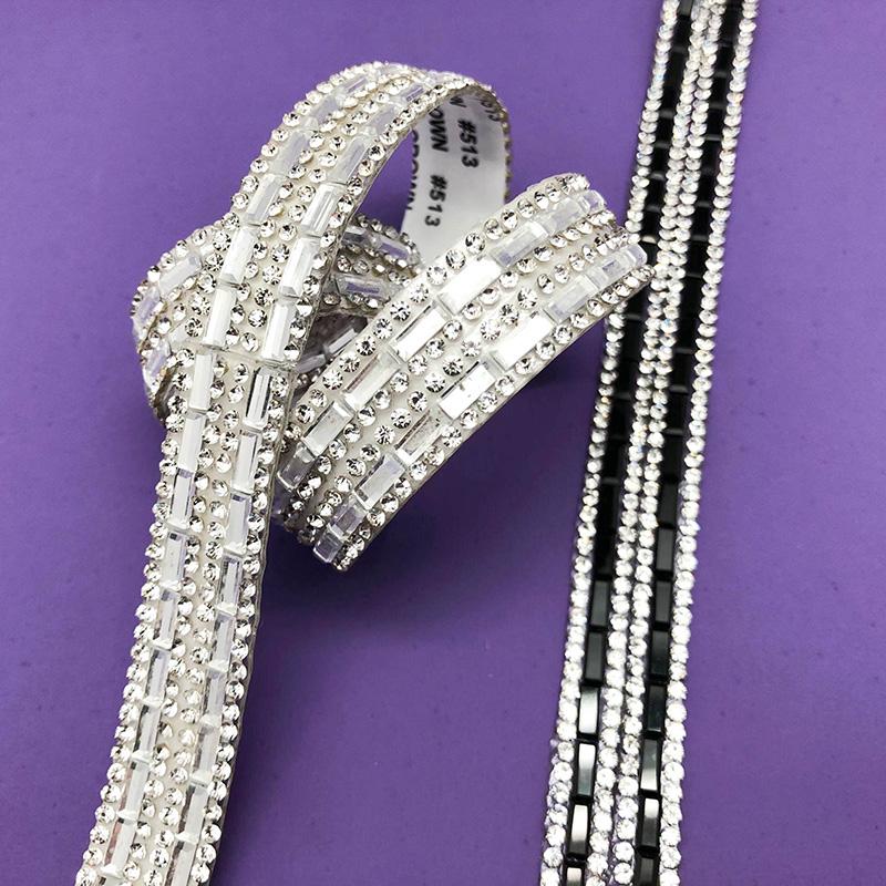 1 Yard Clear Glass Rhinestone Trim Chain Crystal Ribbon Back Glue Applique Strass Banding For Clothes Bag Shoes Decoration