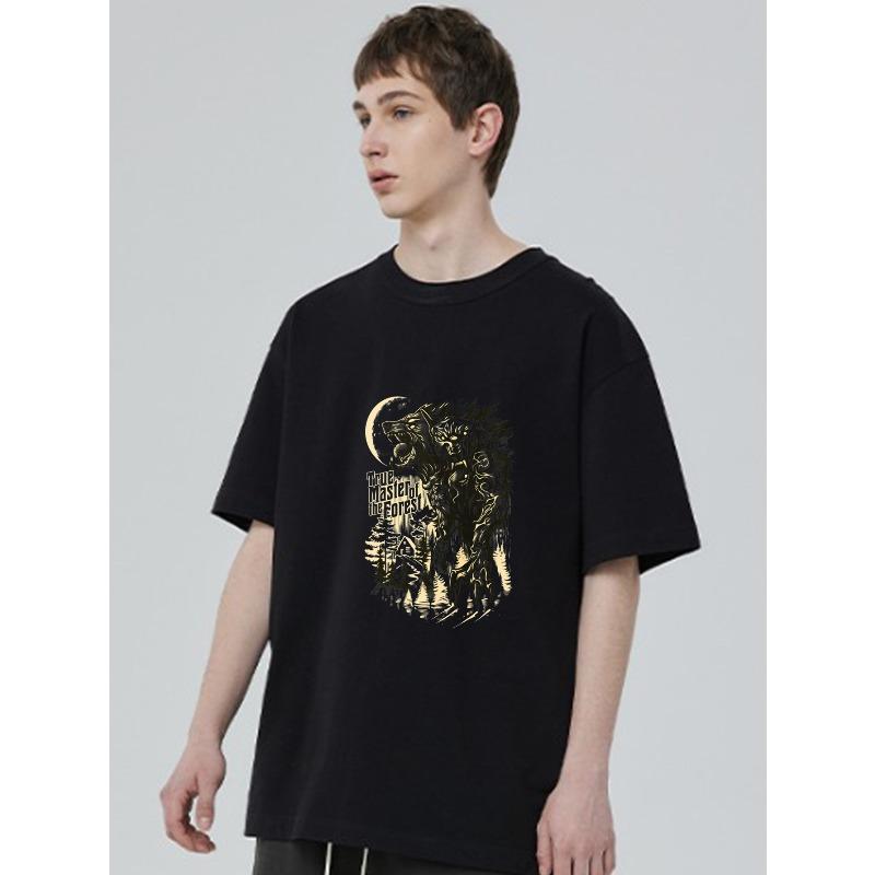 Black T-Shirt With Wolf And Moon Print And The West Is Wild Text For Casual Wear