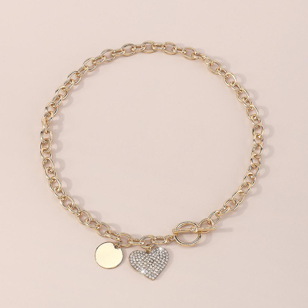 Women European Temperament Sweet Cool Choker Round Heart OT Buckle Chain Micro-set Minimalist Necklace For Women