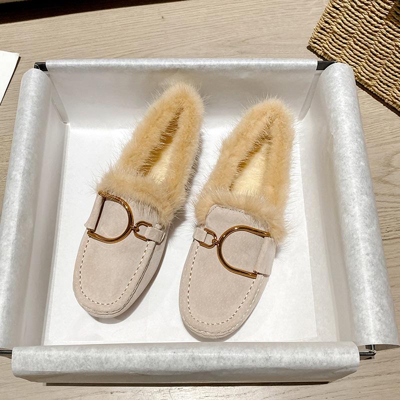 Luksusowe Futrzane Mokasyny Damskie Zimowe Bawełniane Buty Damskie Ciepłe Wsuwane Płaskie Buty do Chodzenia Futrzane Loafersy Buty ze Skóry Świńskiej