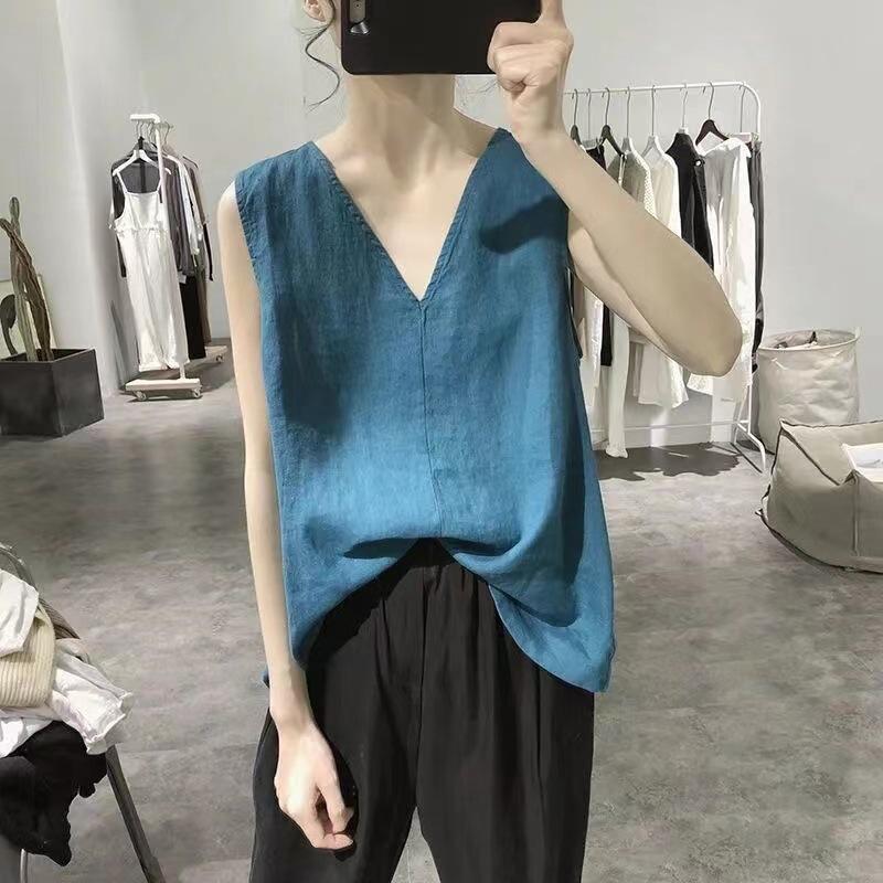 Women's V-neck Cotton Linen Vest Loose Slimming Simple Sleeveless T-shirt for Women